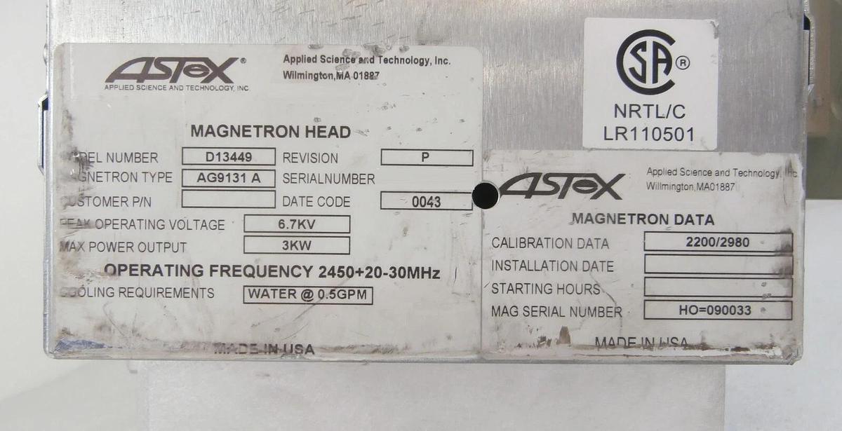 Used ASTeX FI20638 3.5 kW Magnetron Head Assembly D13449 AG9131A Working Surplus