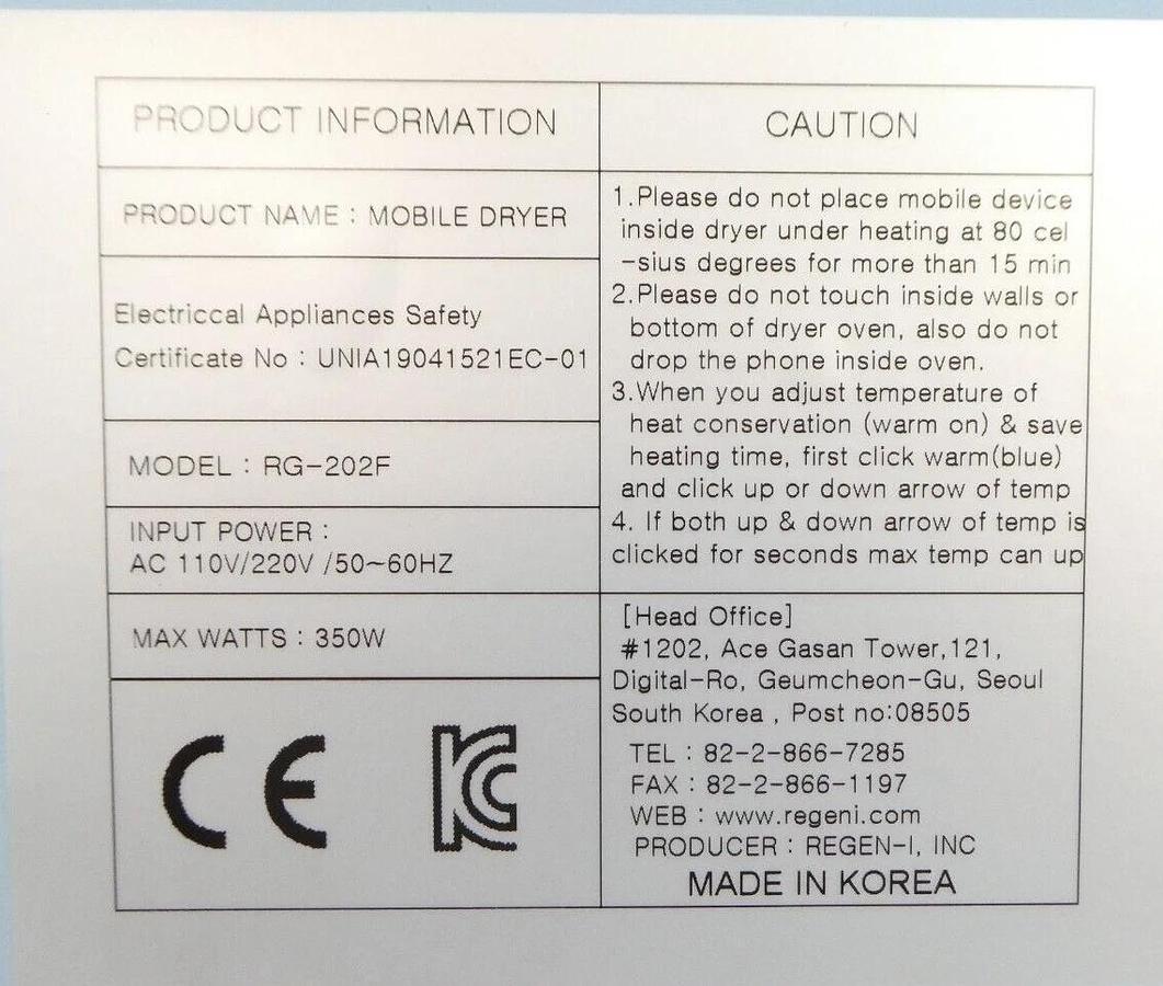 Regen-i RG-202F Mobile Dryer Electronics Heating Chamber Samsung GH81-11901B SVC