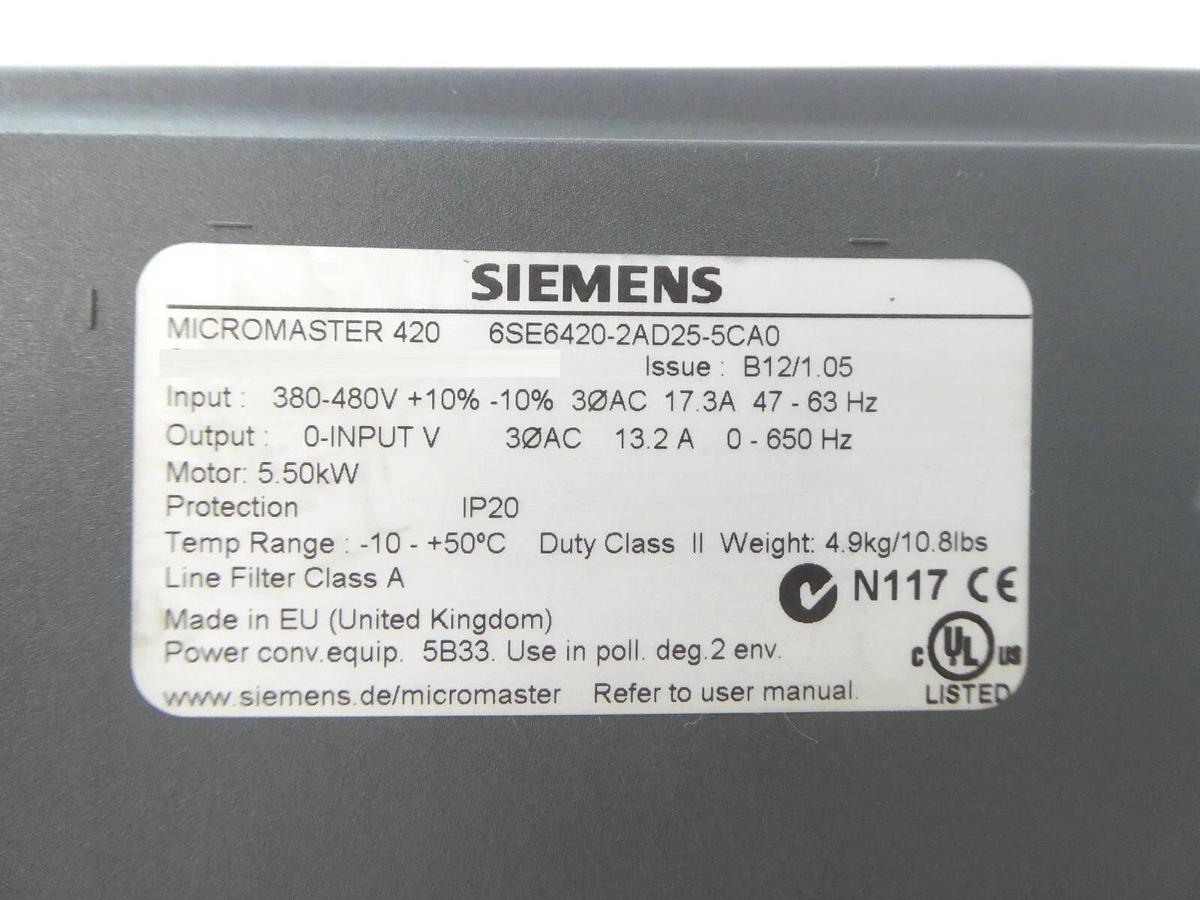 Used Siemens 6SE6420-2AD25-5CA0 Inverter Drive Micromaster 420 Working Spare