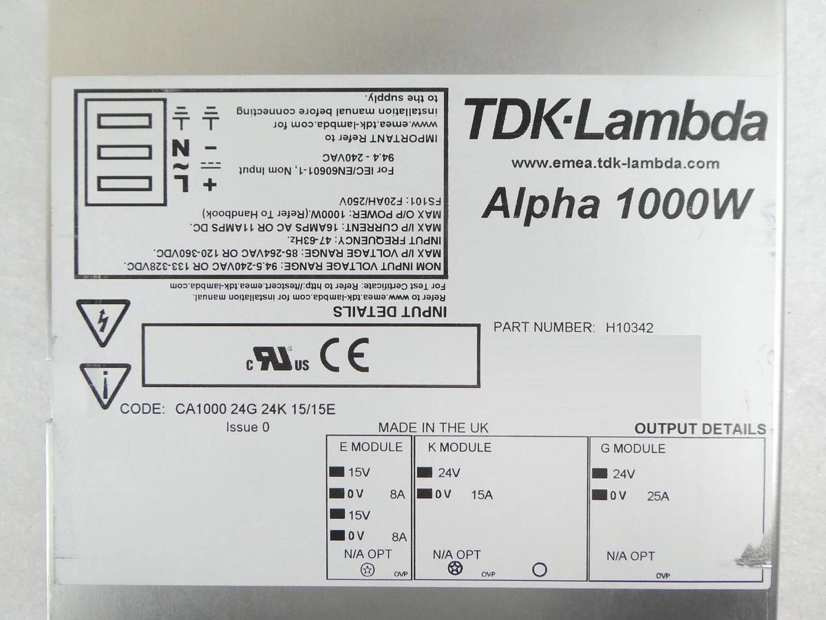 Used TDK-Lambda H10342 Power Supply Alpha 1000W CA1000 24G 24K 15/15E Working Surplus