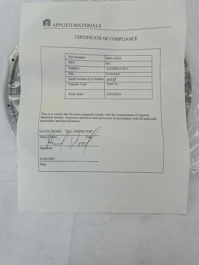Used AMAT Applied Materials 0041-05362 Composite Retaining Ring 8" New Surplus