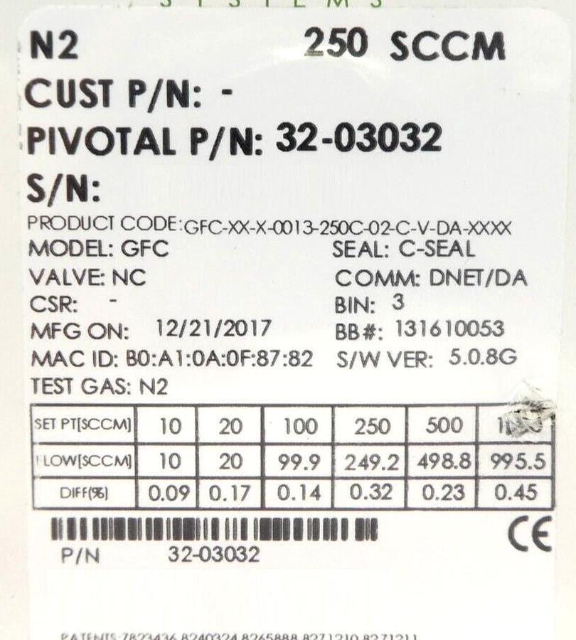 Pivotal Systems 32-03032 Mass Flow Controller MFC 250 SCCM N2 New Surplus