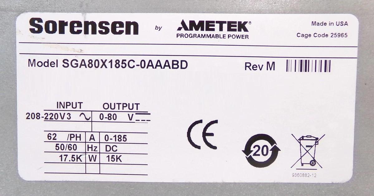 Used Sorenson SGA80X185C-0AAABD DC Power Supply SGA 80/185 Ametek Surplus
