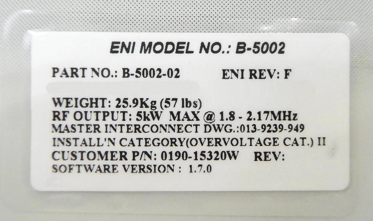 Used Spectrum B-5002 ENI Power Systems B-5002-02 RF Generator 1.8-2.17MHz MKS Working
