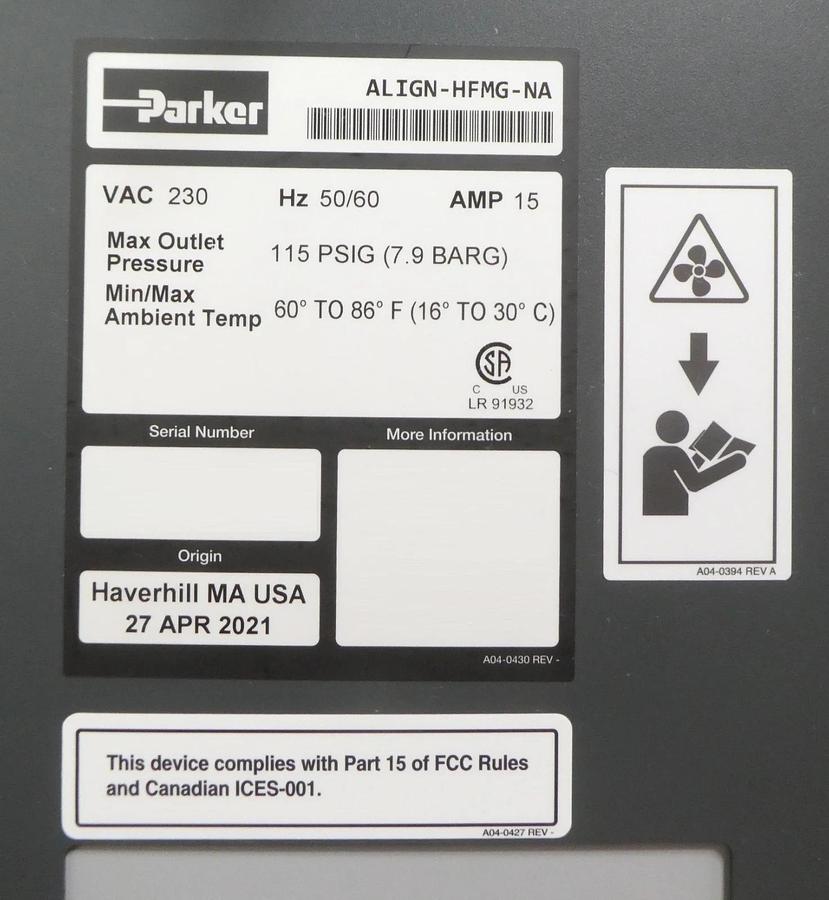 Used Parker ALIGN-HFMG-NA High-Flow Multi-Gas Generator ALIGN Untested Surplus