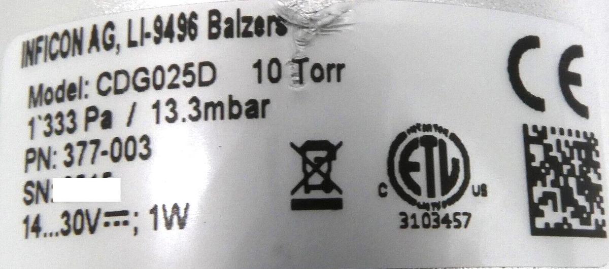 Used Inficon 377-003 Baratron Pressure Transducer CDG025D Tested Working