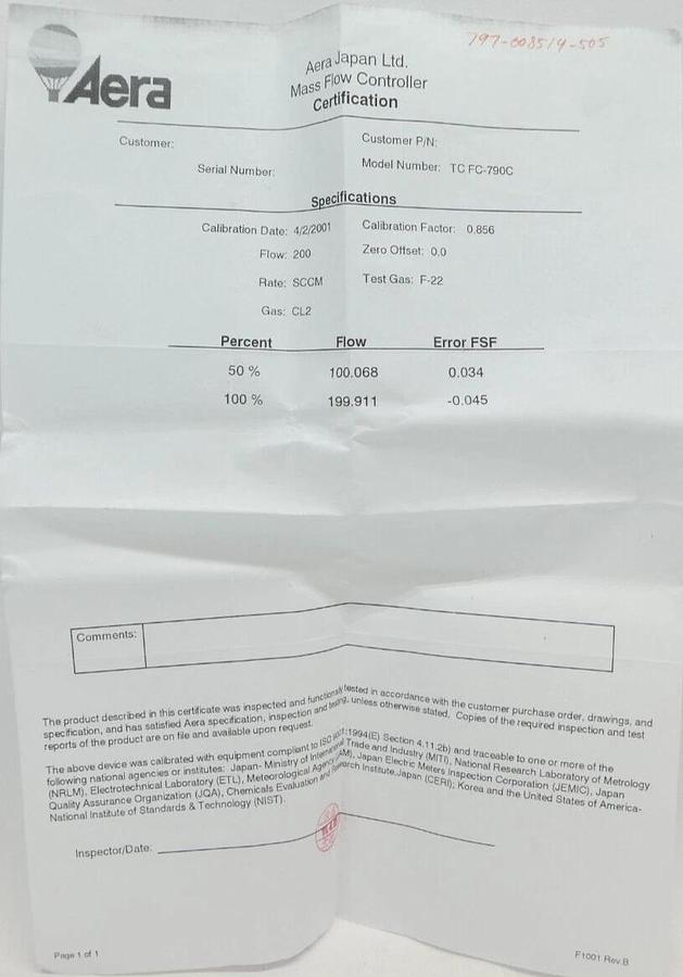 Aera TC FC-790C Mass Flow Controller MFC 200 SCCM Cl2 Lam 797-00514-505 New