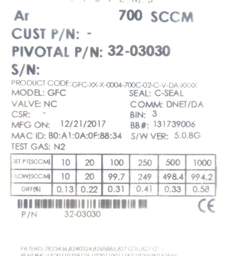Pivotal Systems 32-03030 Mass Flow Controller MFC 700 SCCM Ar New Surplus