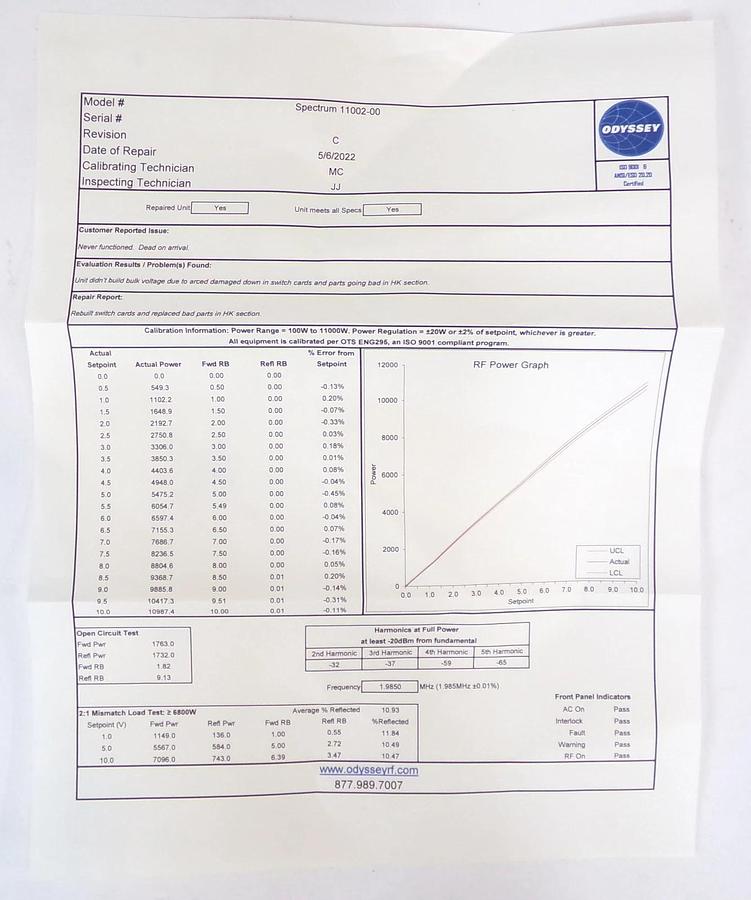 Refurbished Spectrum 11002-00 ENI Power Systems 0190-22201 RF Generator Factory Refurbished