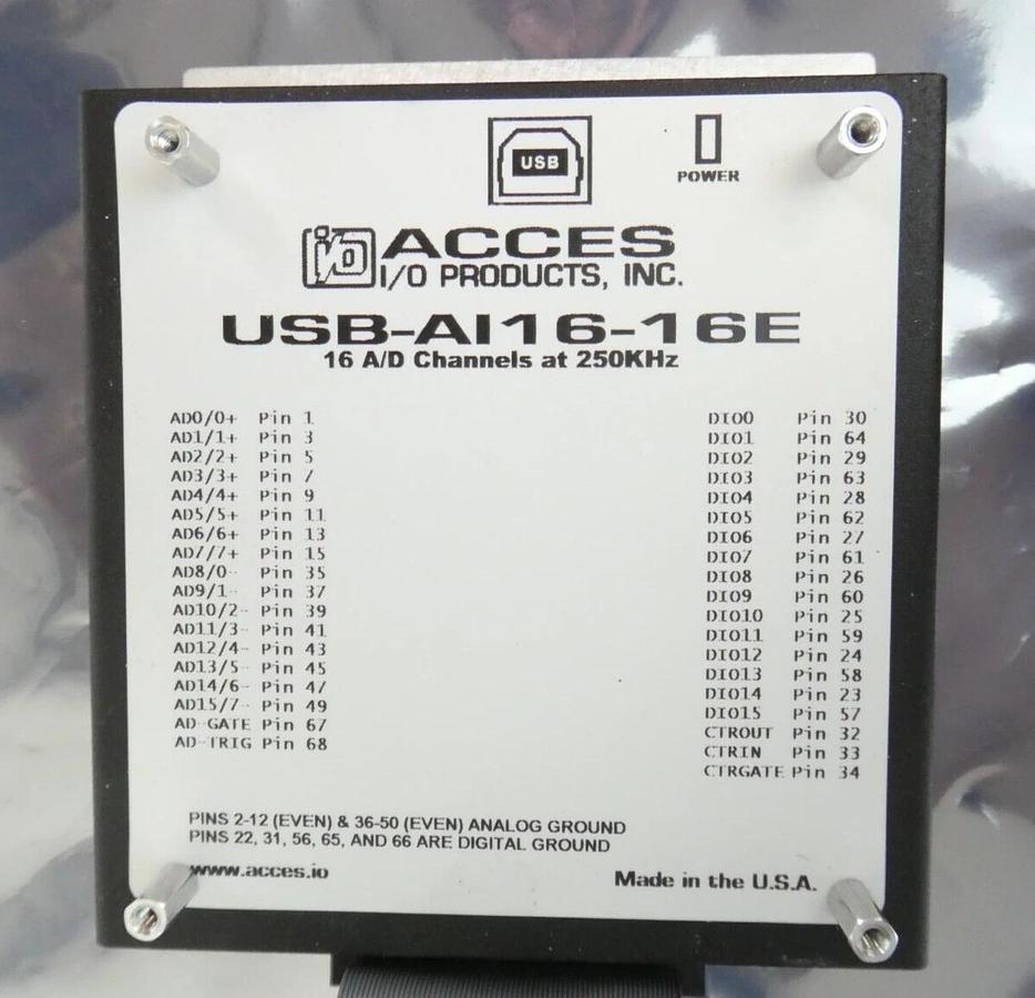 Used ACCES USB-AI16-16E 16-Channel USB Multifunction Analog I/O Module STB-68 Working