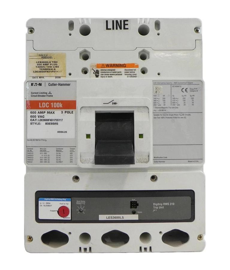 Used Eaton 83E9385 LDC 100k 600V 3-Pole Circuit Breaker LDC3600FK01P05Y17 Working