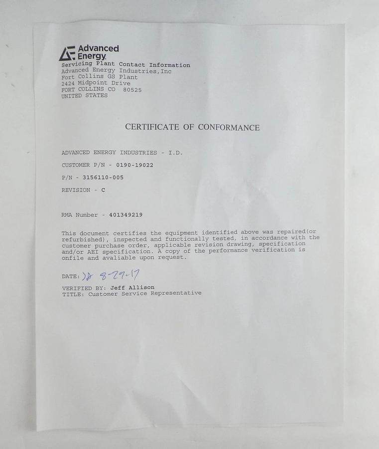Refurbished Apex 1513 AE Advanced Energy 3156110-005 RF Generator 1.5kW OEM Refurbished
