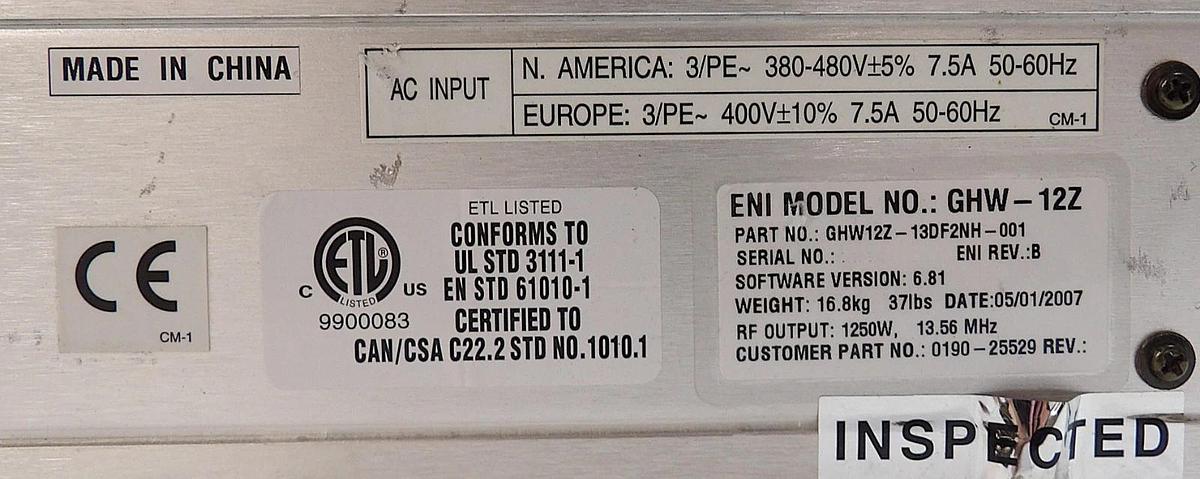 Used GHW-12Z Genesis ENI Power Systems GHW12Z-13DF2NH-001 RF Generator Working