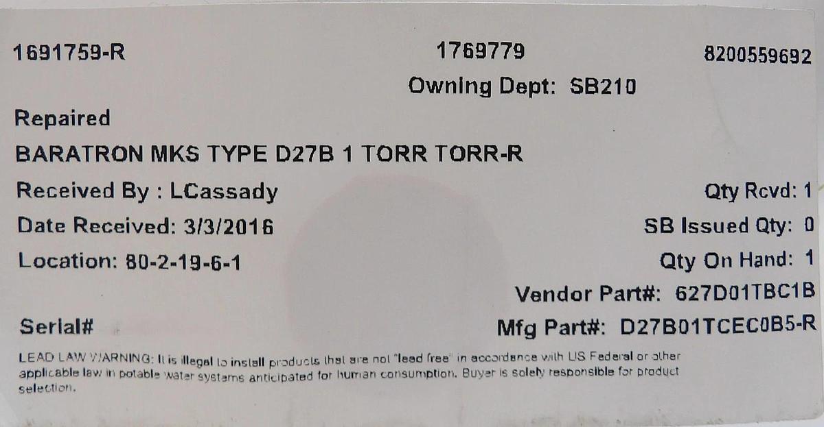 Refurbished MKS Instruments 627D01TBC1B Baratron Capacitance Manometer Refurbished