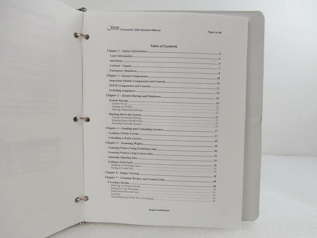 Used Qcept QSD-3001.01 ChemetriQ 3000 Wafer Inspection System Operation Manual Spare