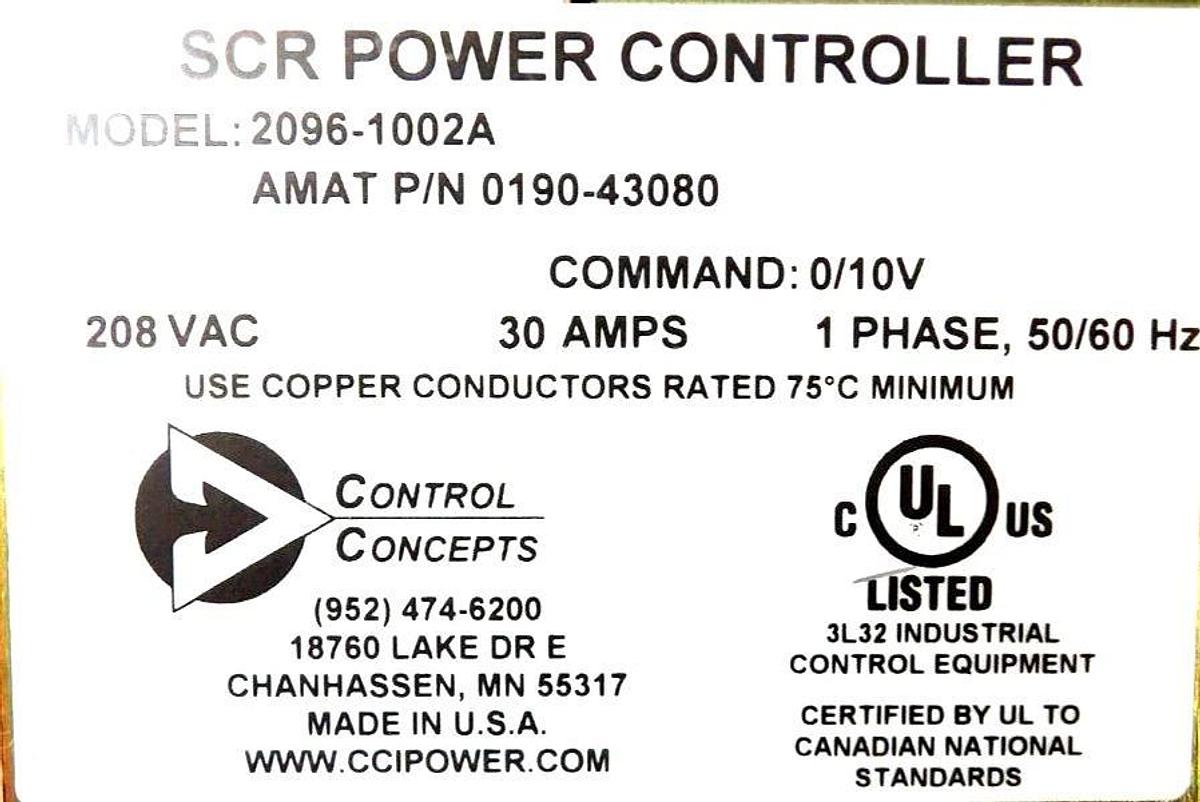 Used Control Concepts 2096-1002A SCR Power Controller AMAT 0190-43080 Working Surplus