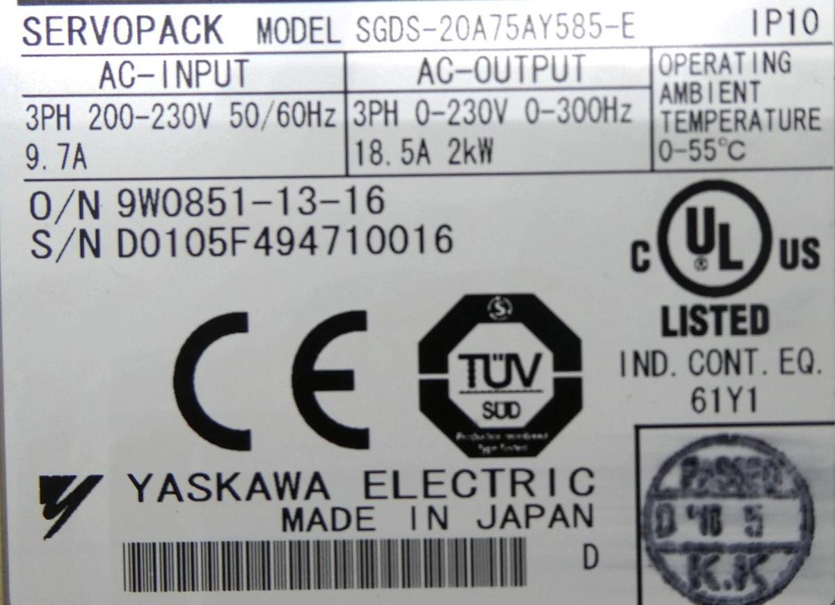 Used Yaskawa Electric SGDS-20A75AY585-E AC Servo Drive SERVOPACK 200V Working Surplus