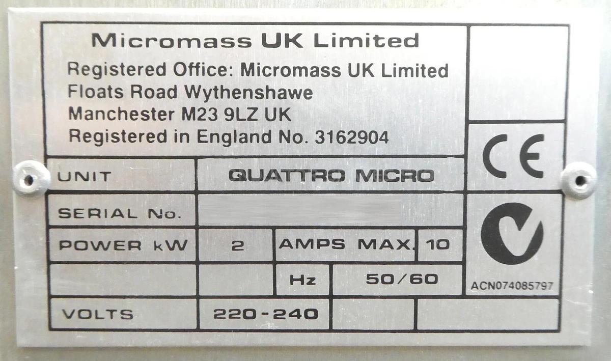 Used Micromass Quattro Micro API Tandem Quadrupole Mass Spectrometer Waters Untested
