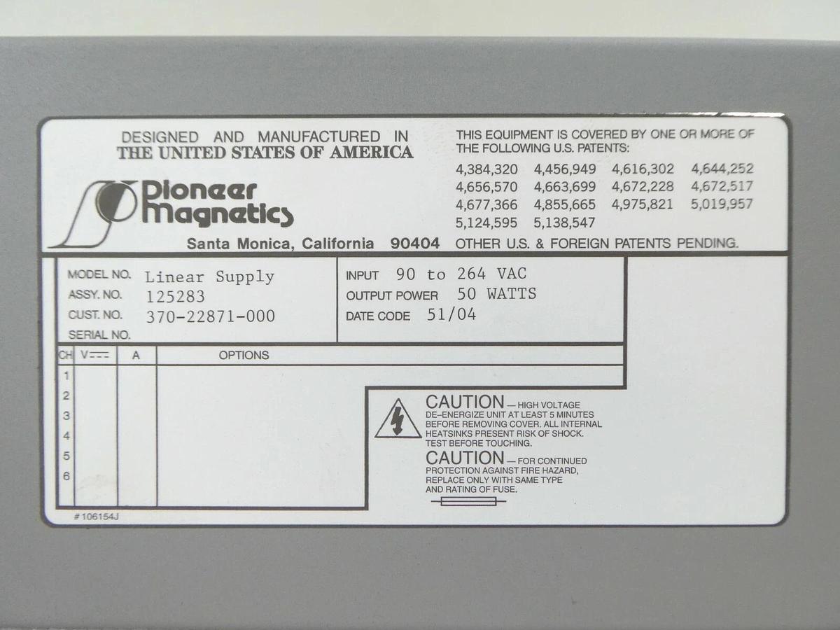 Used Pioneer Magnetics 125283 Linear Power Supply KLA-Tencor 370-23318-000 eS31 Spare