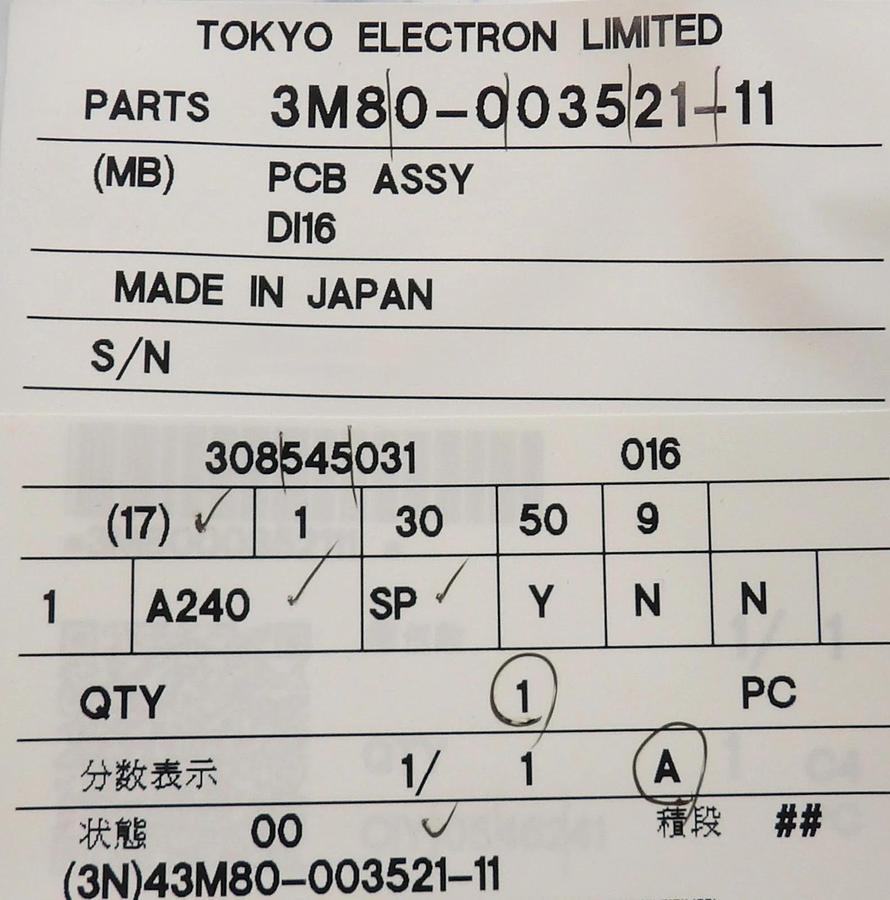 TEL Tokyo Electron 3M80-003521-11 PCB Assembly DI16 New Surplus