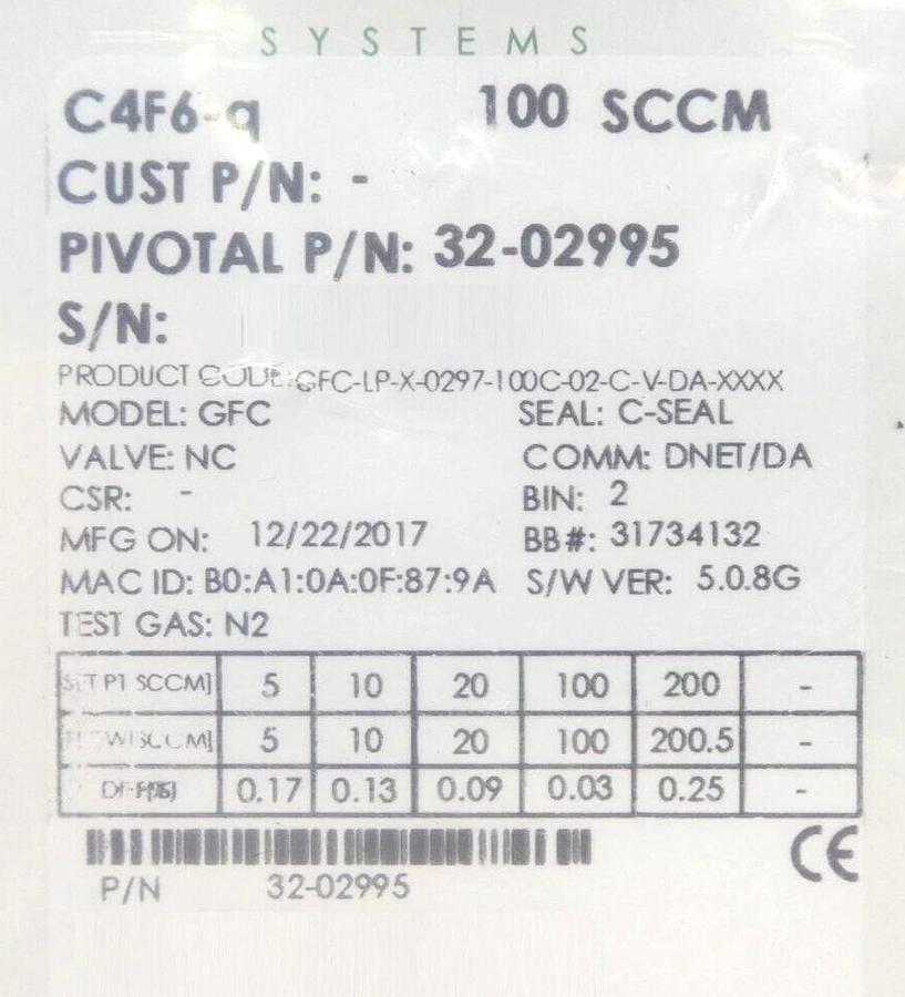 Pivotal Systems 32-02995 Mass Flow Controller MFC 100 SCCM C4F6-q New Surplus