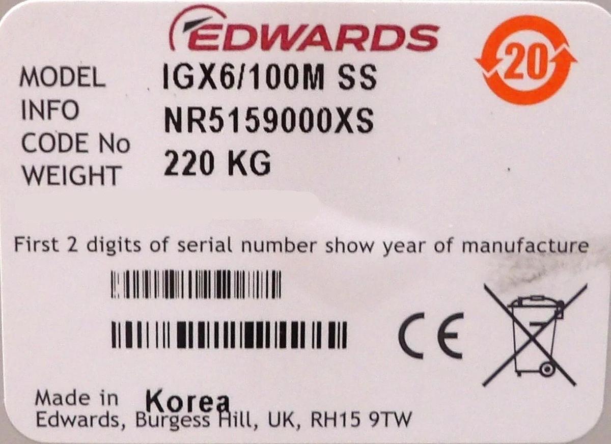 Refurbished iGX6/100M Edwards NR5159000XS Vacuum Pump IGX6 100M SS Manufacturer Refurbished