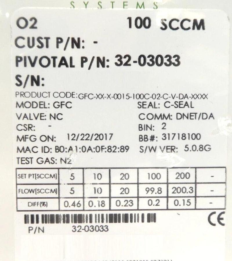 Pivotal Systems 32-03033 Mass Flow Controller MFC 100 SCCM O2 Lot of 2 New