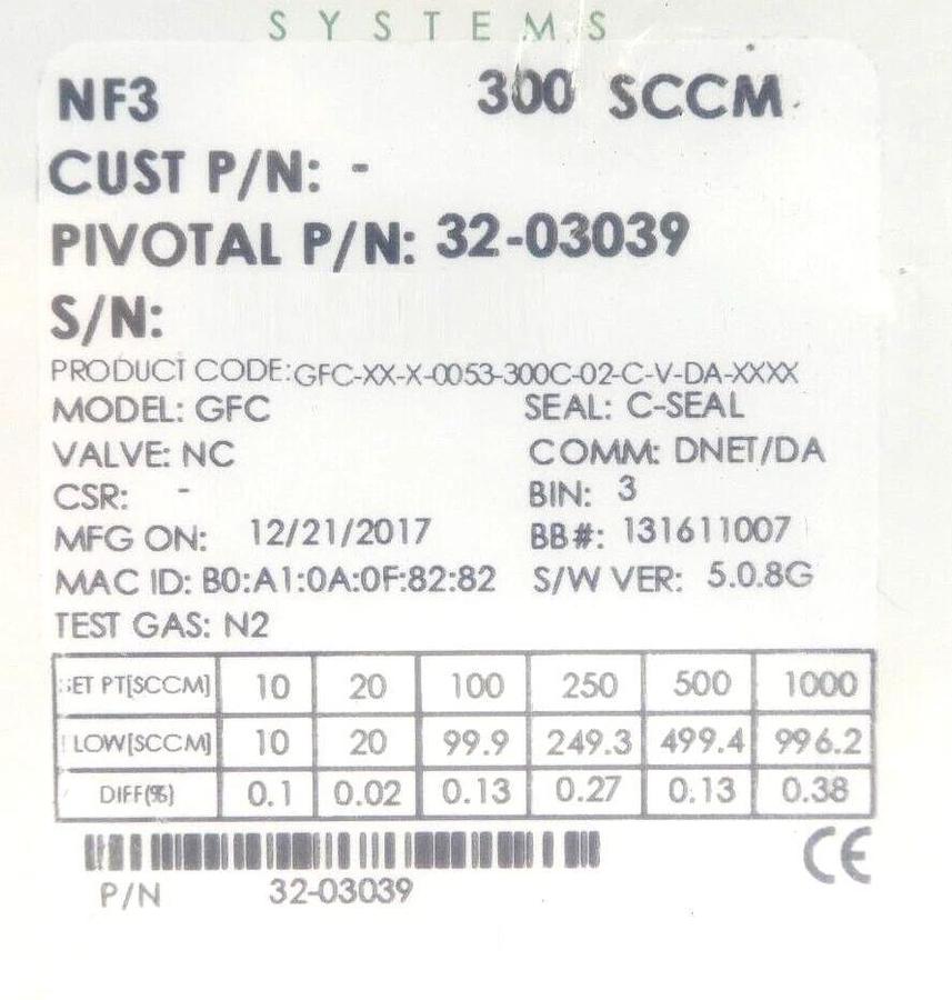 Pivotal Systems 32-03039 Mass Flow Controller MFC 300 SCCM NF3 New Surplus