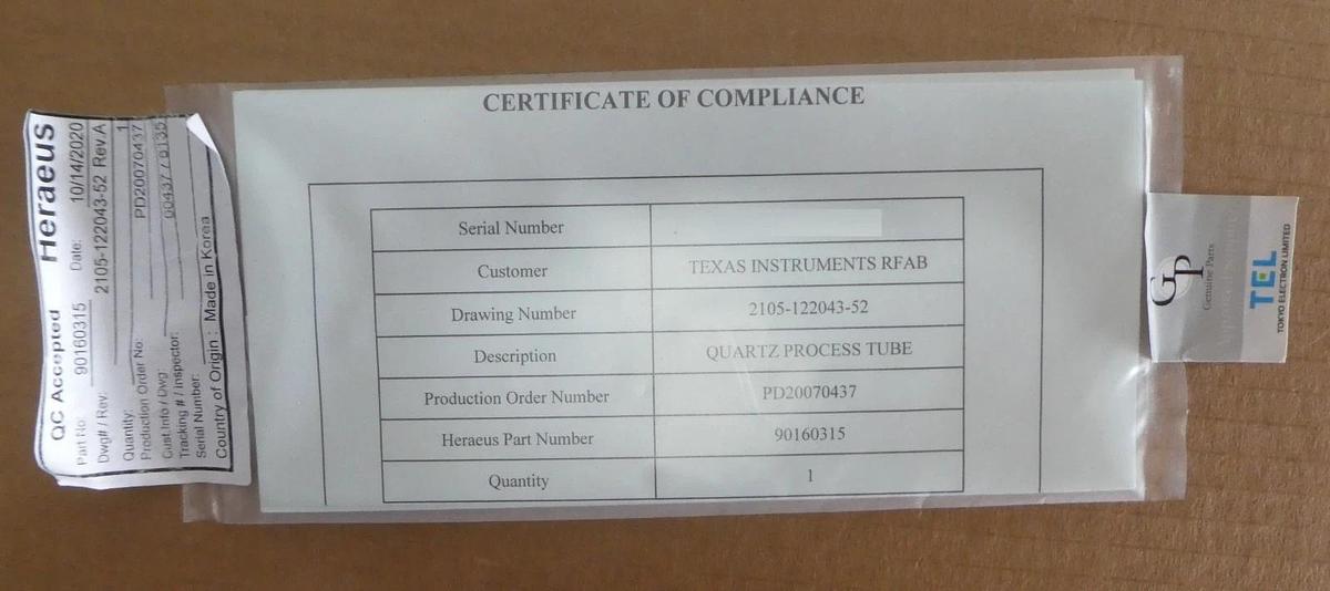 Heraeus 90160315 Quartz Process Tube 2105-122043-52 New Surplus