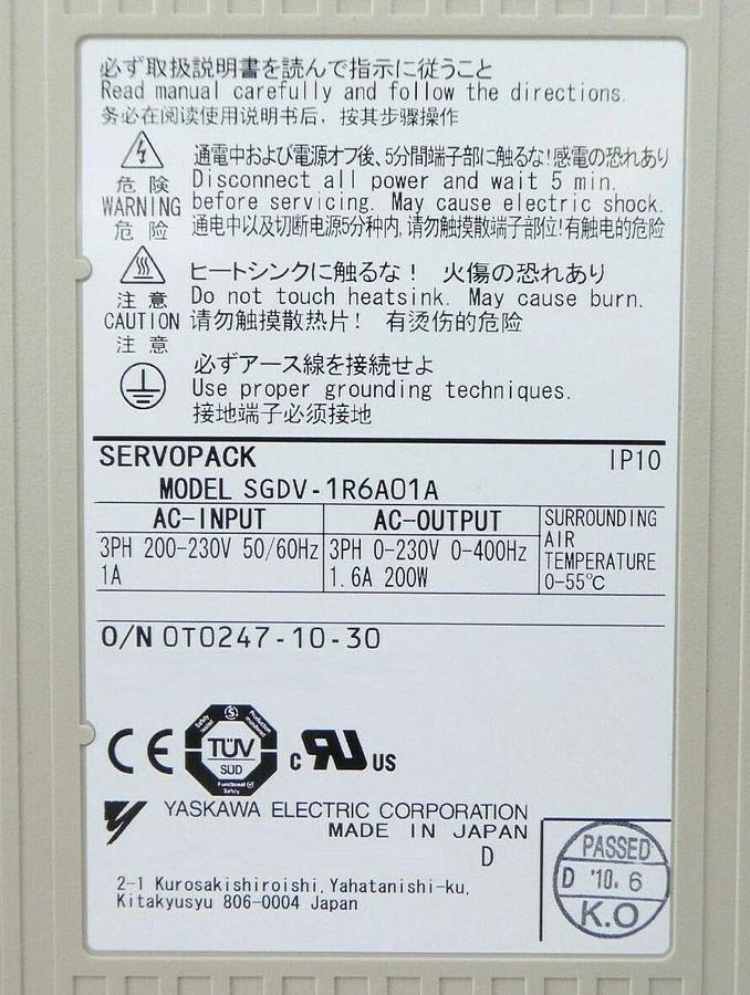 Used Yaskawa Electric SGDV-1R6A01A Servo Drive SERVOPACK Rudolph F30 Working Surplus