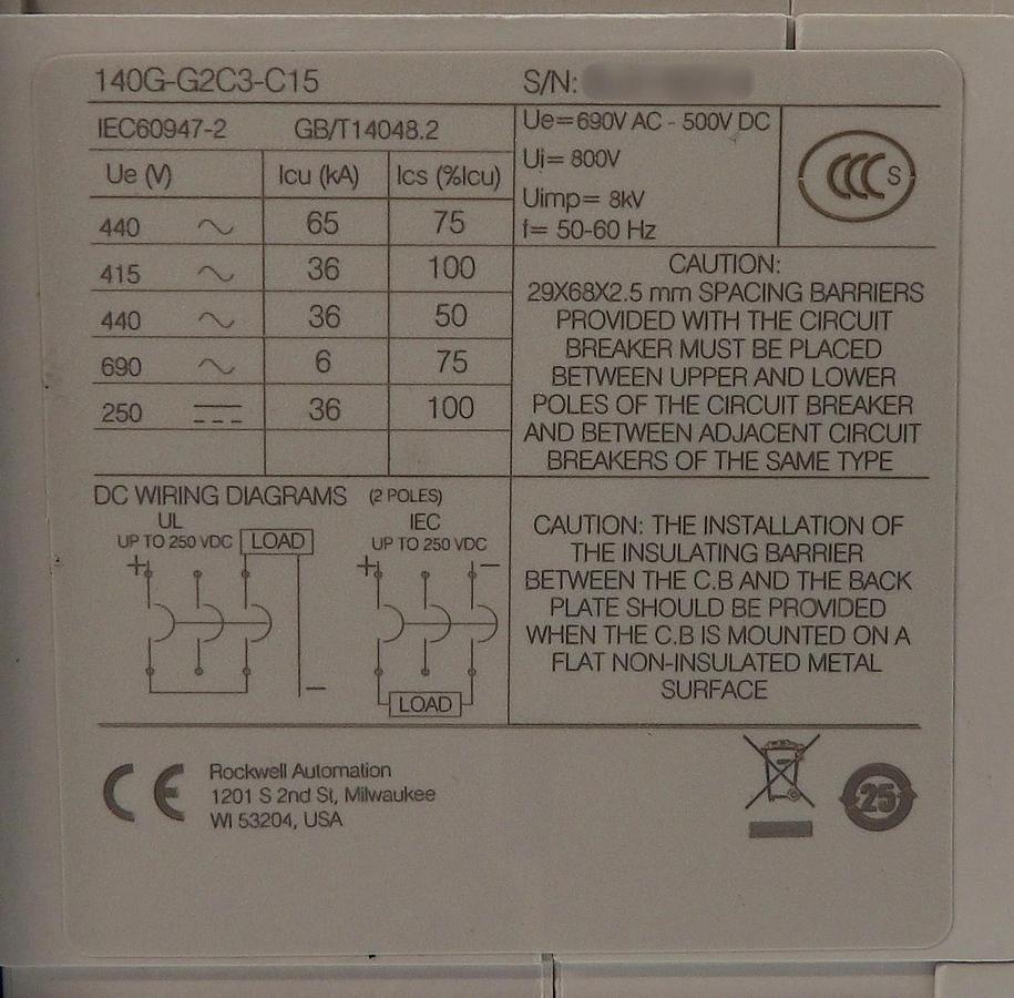 AB Allen-Bradley 140G-G2C3-C15 3-Pole Industrial Circuit Breaker New