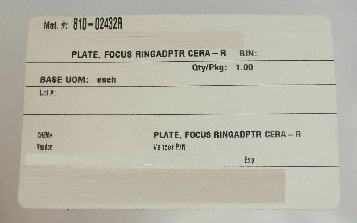 Refurbished Lam Research 716-440054-108 Plate Focus Ring Adapter 810-02432R Refurbished