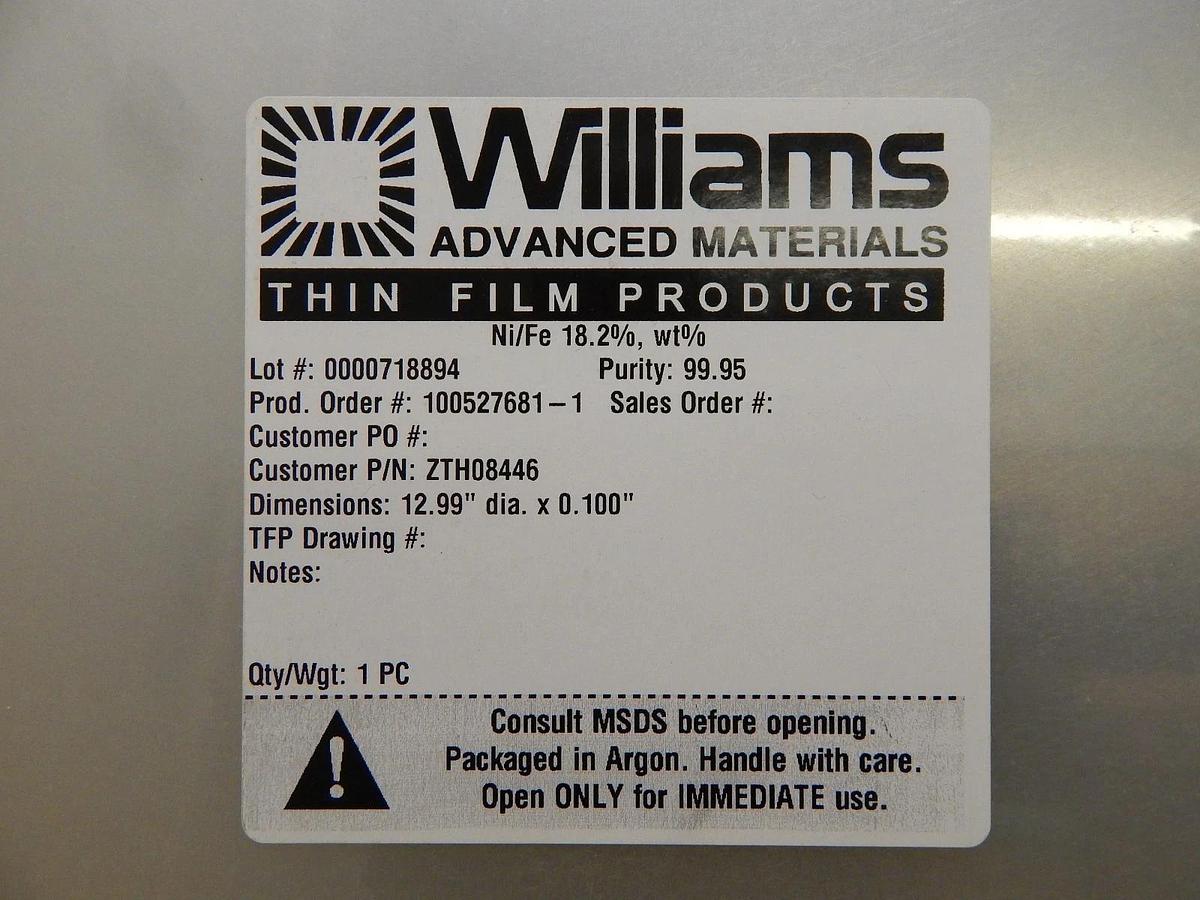 Williams Advanced Materials ZTH08446 Ni/Fe 18.2% wt% Target for Nordiko AMR New