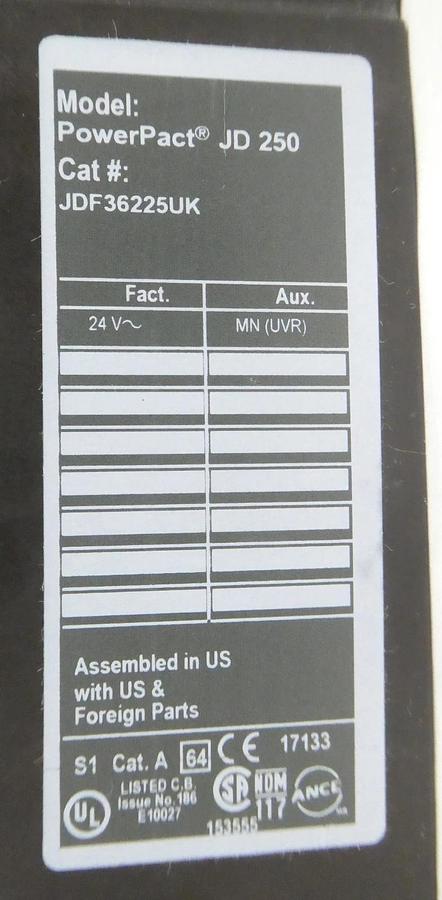 Square D JDF36225UK Circuit Breaker PowerPact JD 250 Schneider New Surplus