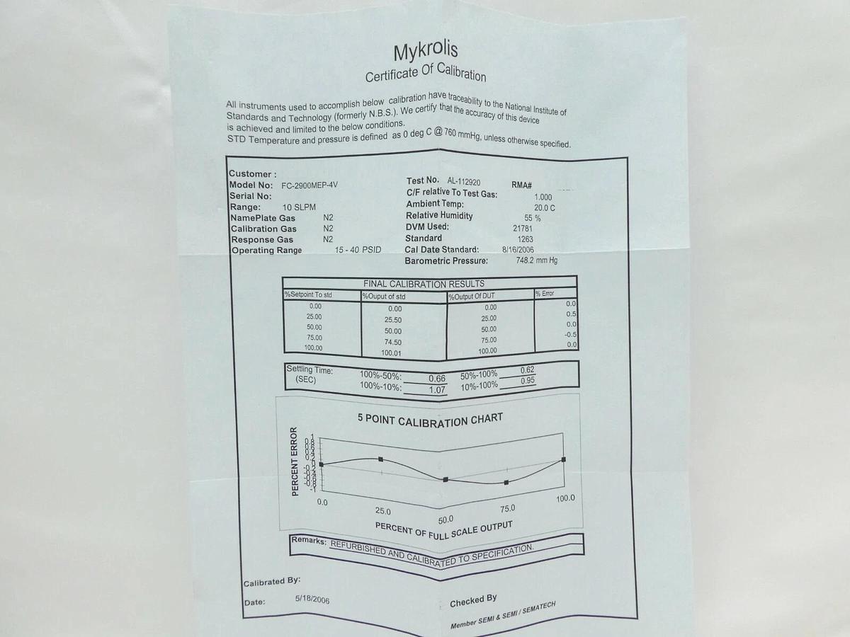 Refurbished Mykrolis FC-2900MEP-4V Mass Flow Control MFC 10 SLPM N2 Tylan 2900 Refurbished