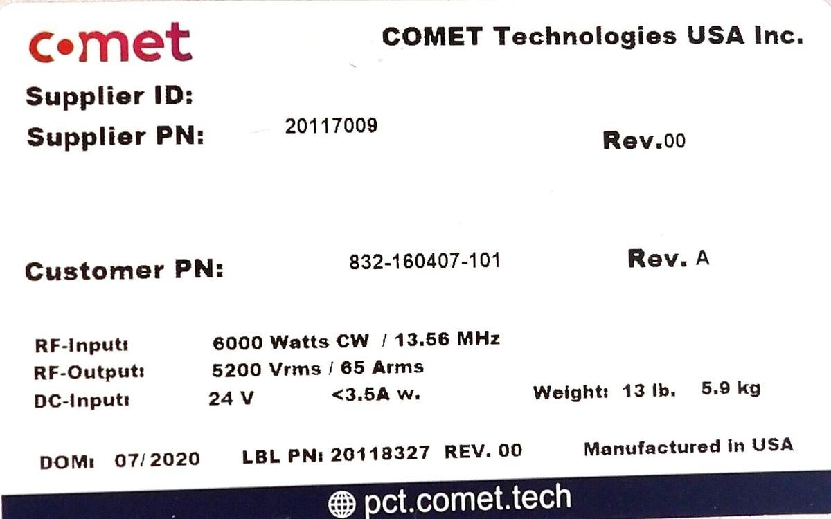 Used Comet Technologies 1000828 RF Match Lam Research 832-160407-101 Working Surplus