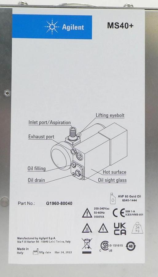 Used MS40+ Agilent G1960-80040 Rotary Vane Vacuum Pump Spectrometer Untested Spare