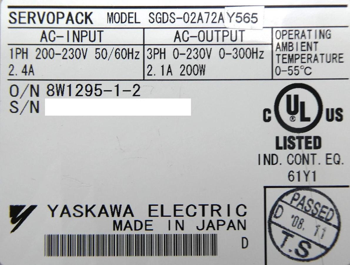 Used Yaskawa Electric SGDS-02A72AY565 Servo Drive SERVOPACK SynqNet 200V Working