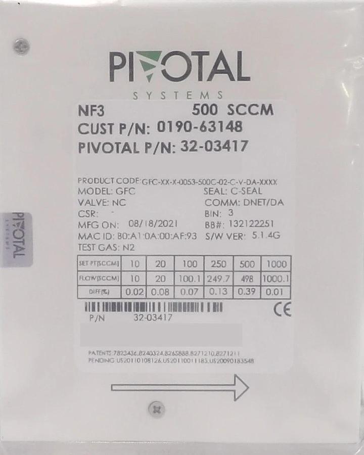 Pivotal Systems 32-03417 Mass Flow Controller MFC AMAT 0190-63148 New Surplus