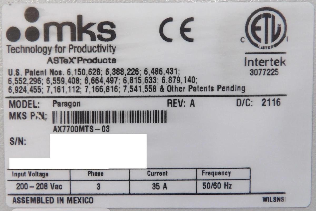 Used ASTRON Paragon F* MKS Instruments AX7700MTS-03 RPS Plasma Source Dented Tested