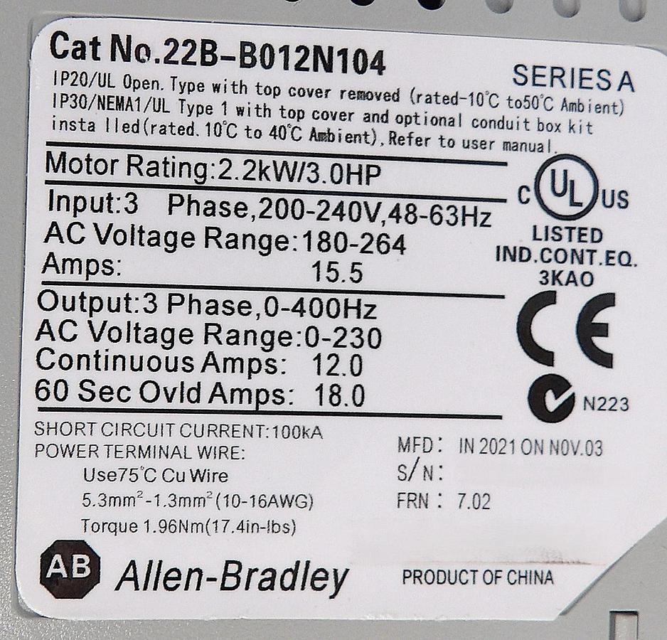 Used AB Allen-Bradley 22B-B012N104 AC Driver PowerFlex 40 AMAT 1080-00318 Working