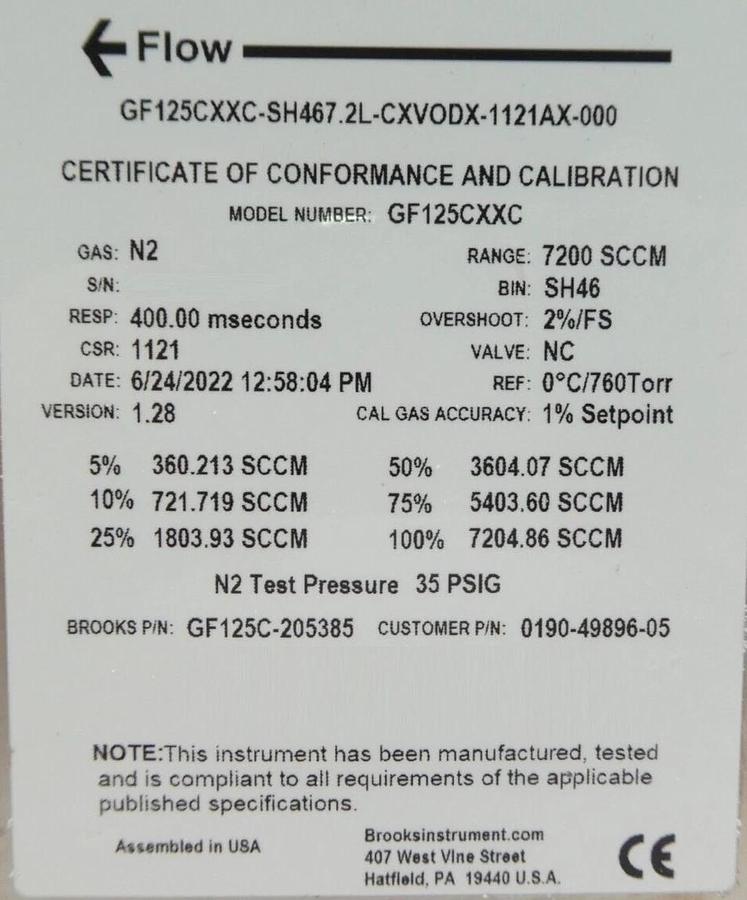 Brooks Instrument GF125C-205385 Mass Flow Controller MFC 6000 SCCM Ar New Spare