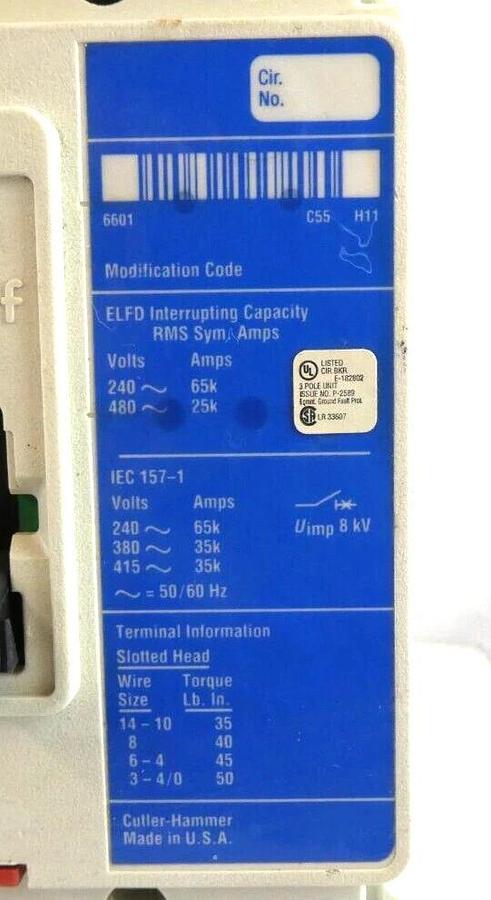 Used Cutler-Hammer ELFD3050L Industrial Circuit Breaker ELFD ELD243 Series C Working