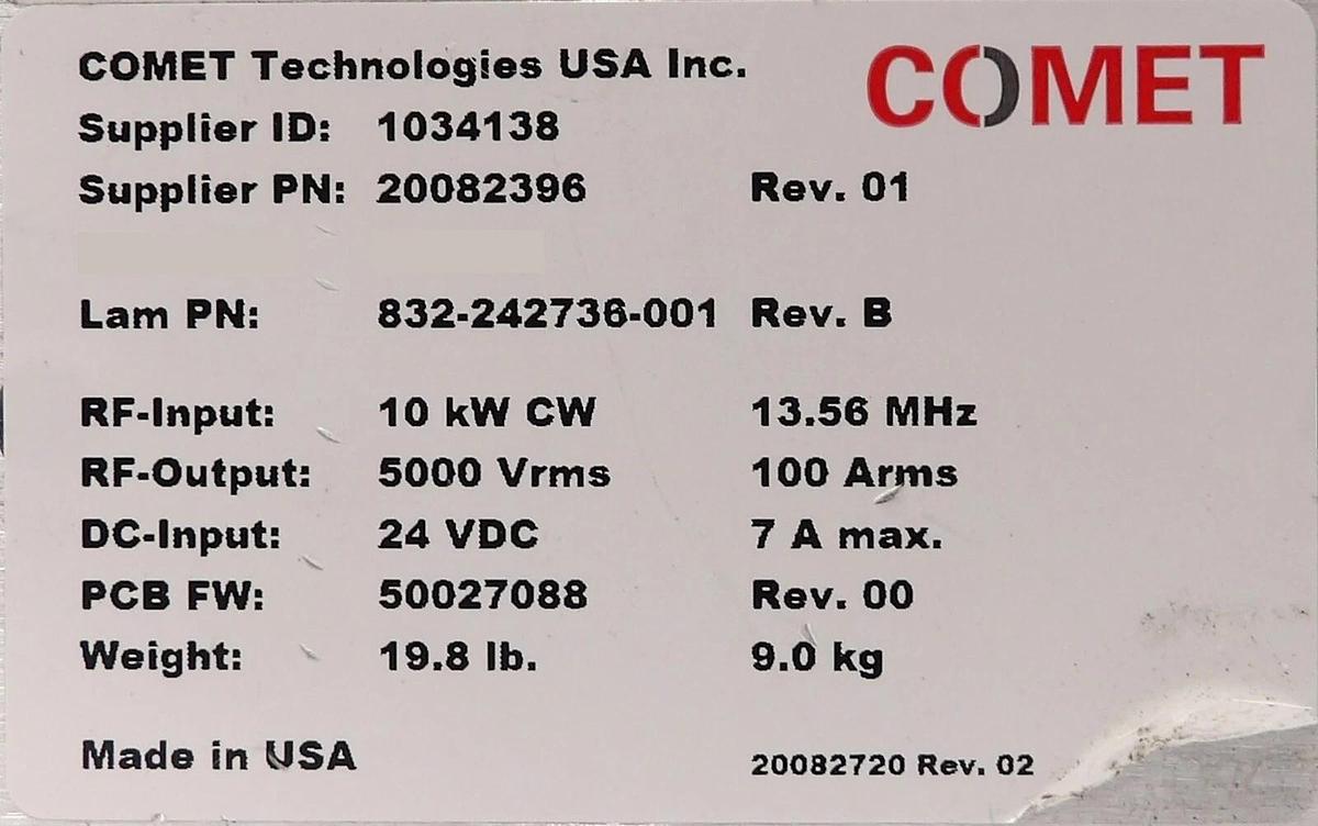Used Comet Technologies 20082396 RF Match Lam Research 832-242736-001 Working Surplus