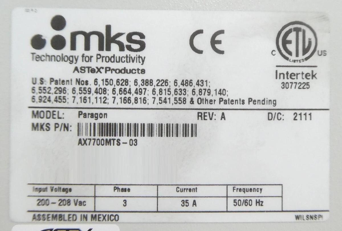 Used ASTRON Paragon F* MKS Instruments AX7700MTS-03 RPS Plasma Source Tested Working