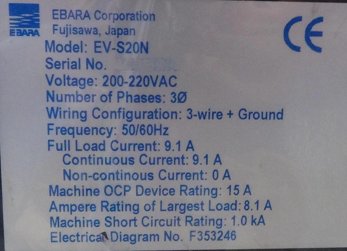 Refurbished EV-S Ebara Technologies EV-S20N Dry Vacuum Pump IPN 500773984 OEM Refurbished