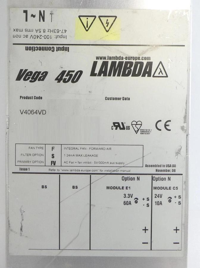 Used Lambda V4064VD Modular Power Supply Assembly Vega 450 Working Surplus