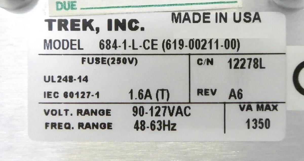 Used Trek 684-1-L-CE Electrostatic Chuck Power Supply 619-00211-00 Untested Surplus
