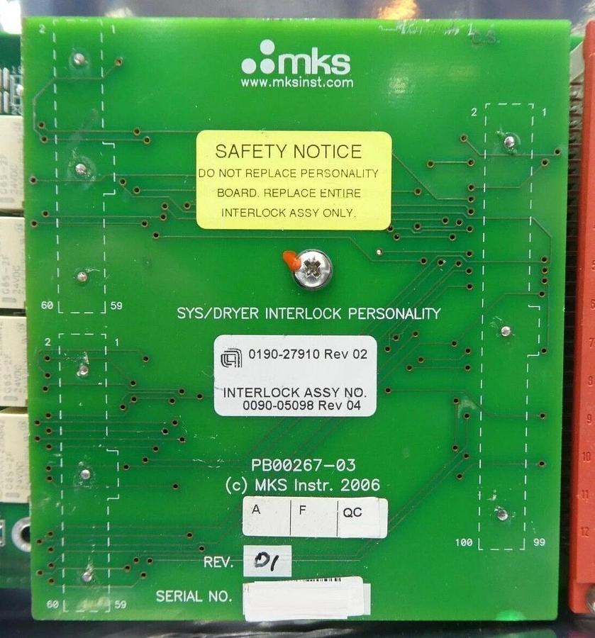 Used MKS Instruments AS01397-01 Sys/Dryer Interlock PCB Card AMAT 0090-05098 Working