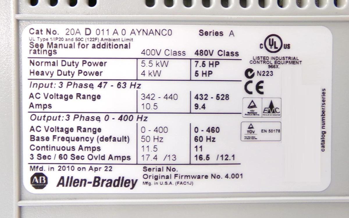 Used AB Allen-Bradley 20AD011A0AYNANC0 AC Drive PowerFlex 70 Working Surplus